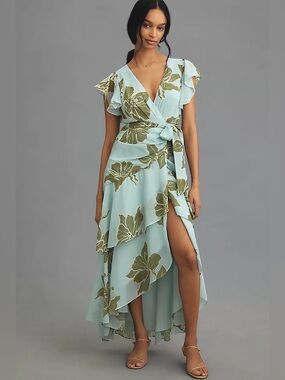 Hutch Floral Tiered Wrap Maxi Dress Green Blue Medium